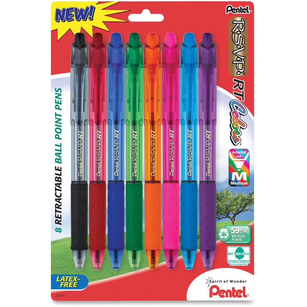 Pentel Recycled Retractable R.S.V.P. Colors Pens - Medium Pen Point - 1 mm Pen Point Size - Refillable - Retractable - Assorted - Assorted Barrel - Metal, Stainless Steel Tip - 8 / Pack. Picture 1