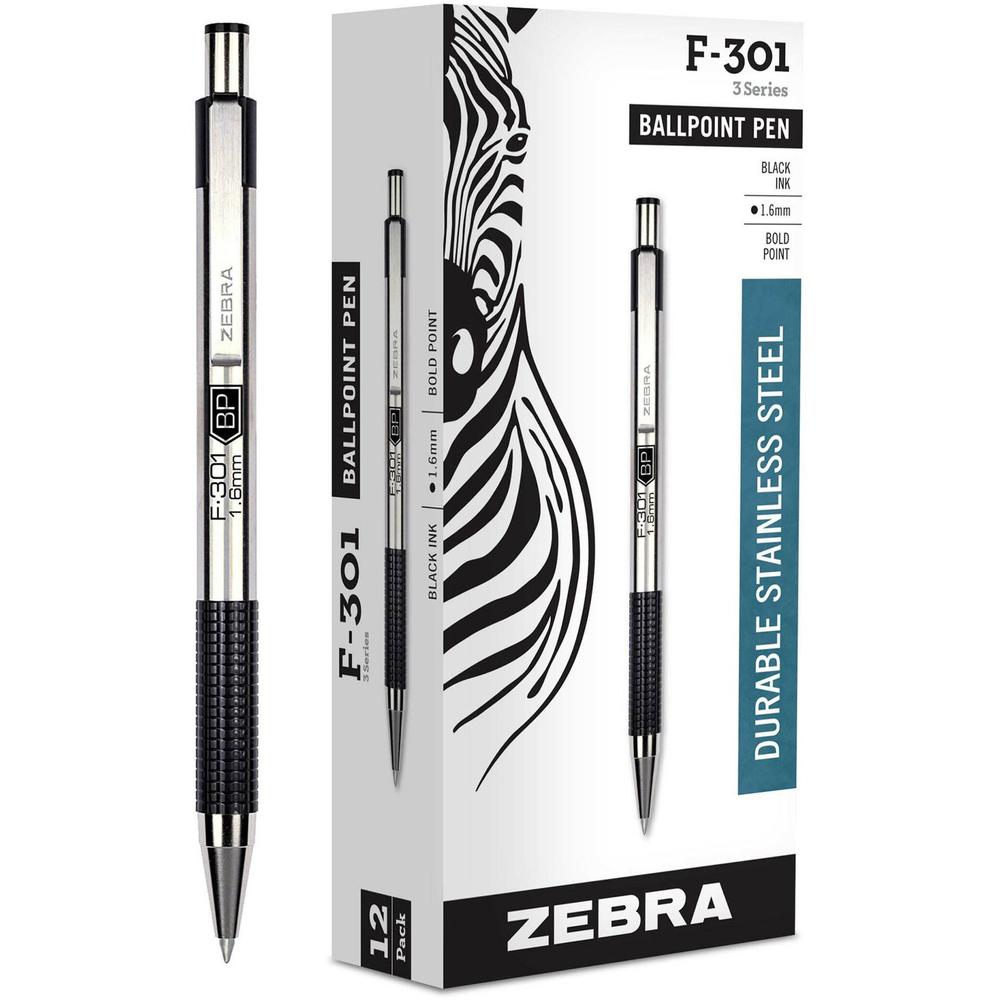 Zebra STEEL 3 Series F-301 Retractable Ballpoint Pen - Bold Pen Point - 1.6 mm Pen Point Size - Refillable - Retractable - Black - Stainless Steel Barrel - 1 Dozen. Picture 1