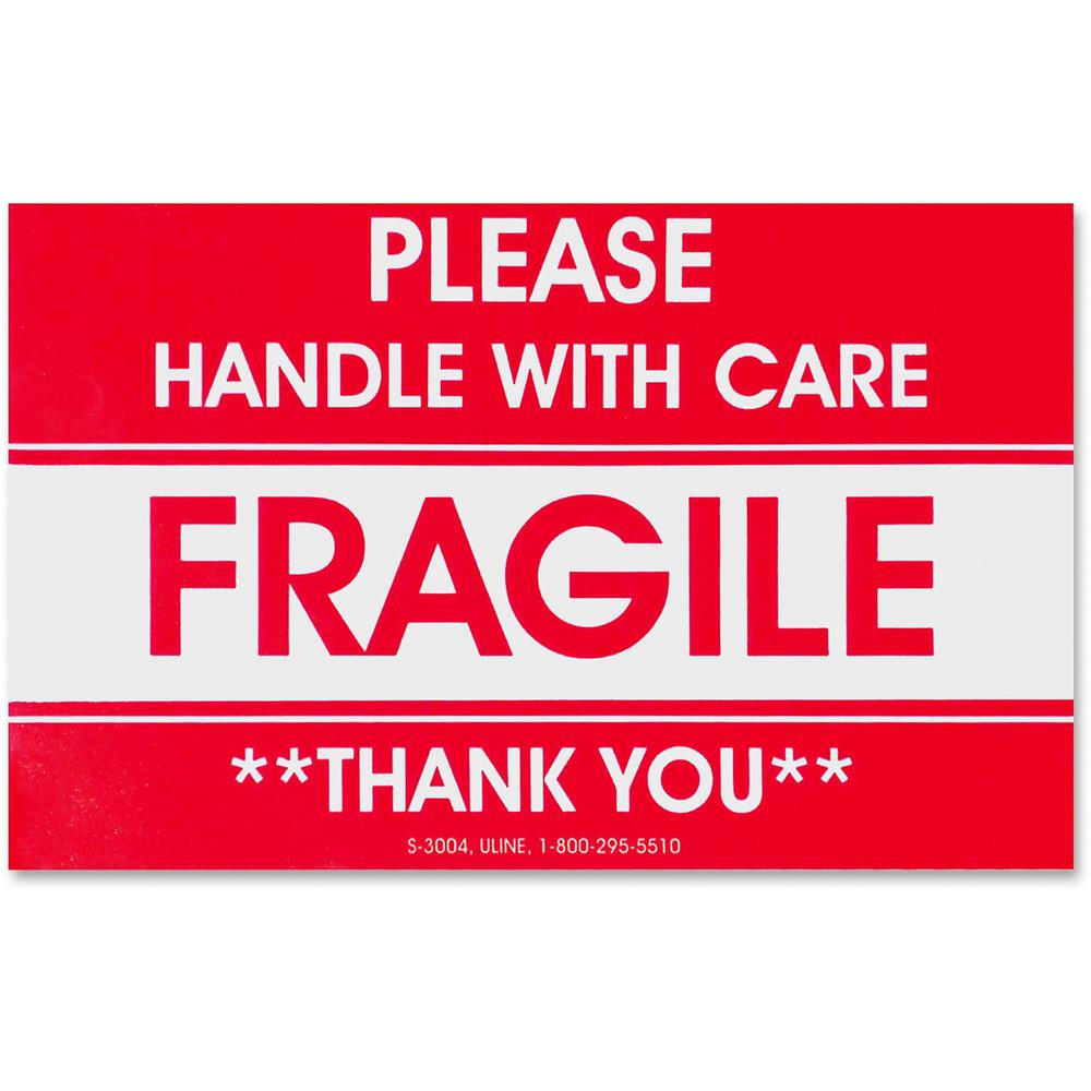 Tatco Fragile/Handle With Care Shipping Label - "Fragile - Handle with Care, Thank You" - 3" Width x 5" Length - Rectangle - Red - 500 / Roll - 500 / Roll. Picture 1