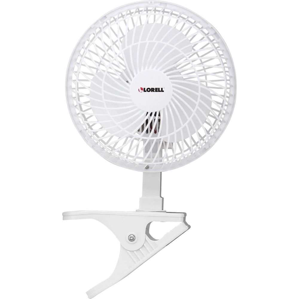 Lorell Clip-On Personal Fan - 152.4 mm Diameter - 2 Speed - Adjustable Tilt Head - 9.5" Height x 7.9" Width x 6" Depth - White. Picture 1