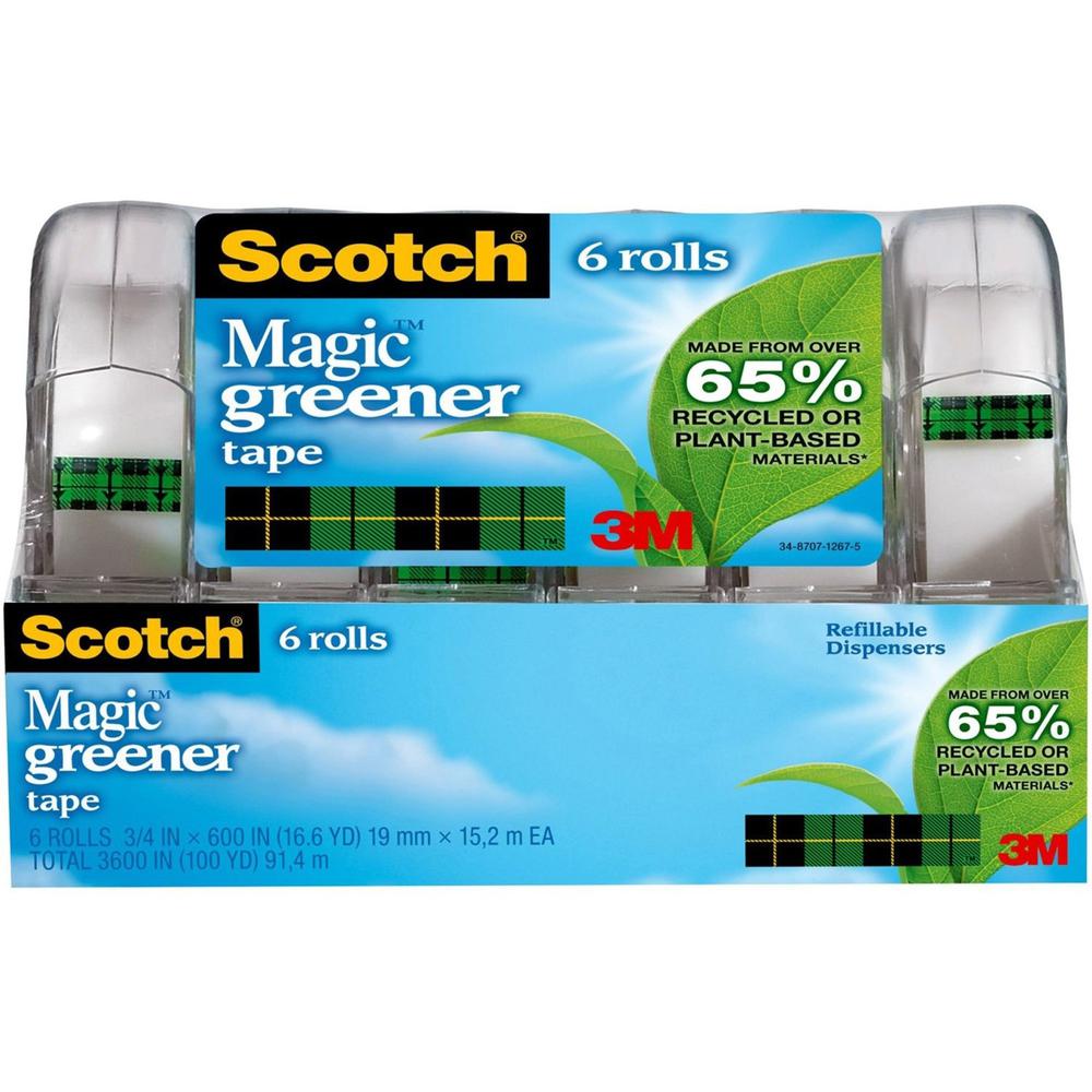 Scotch 3/4"W Magic Greener Tape - 16.67 yd Length x 0.75" Width - 1" Core - Dispenser Included - Handheld Dispenser - Split Resistant, Tear Resistant - For Packing - 6 / Pack - Matte - Clear. Picture 1