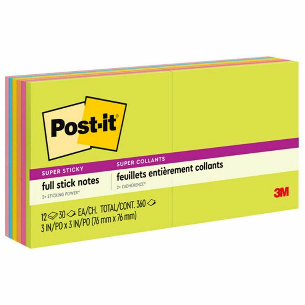 Post-it&reg; Super Sticky Full Adhesive Notes - Energy Boost Color Collection - 360 - 3" x 3" - Square - 30 Sheets per Pad - Unruled - Neon Green, Fireball Fuchsia, Neon Orange, Yellow, Electric Blue,. Picture 1