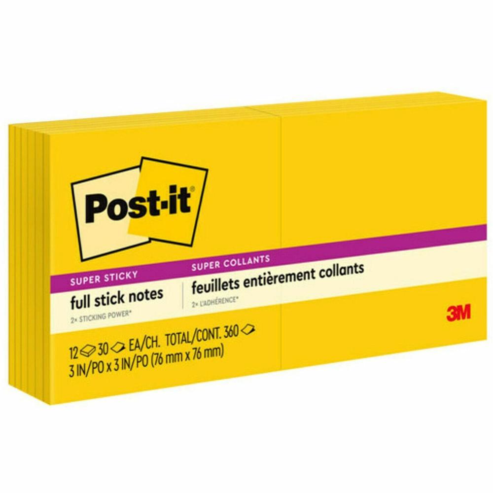 Post-it&reg; Super Sticky Full Adhesive Notes - 300 x Yellow - 3" x 3" - Square - 25 Sheets per Pad - Unruled - Sunnyside - Paper - 12 / Pack. Picture 1