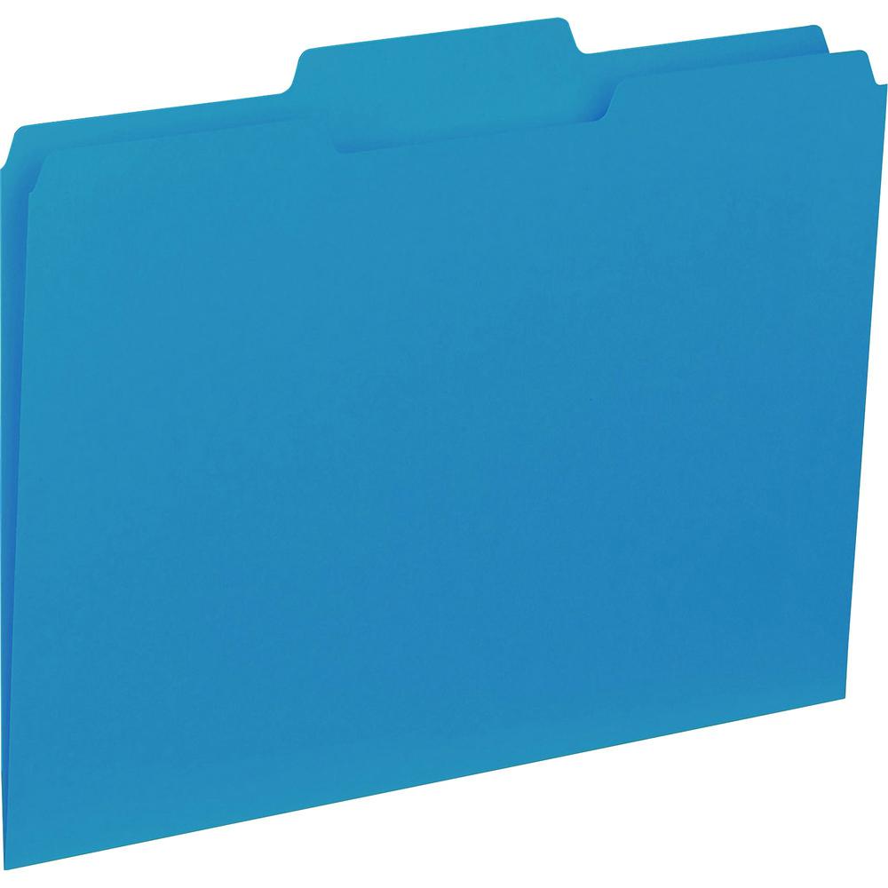 Business Source 1/3 Tab Cut Letter Recycled Top Tab File Folder - 8 1/2" x 11" - Top Tab Location - Assorted Position Tab Position - Blue - 10% Recycled - 100 / Box. Picture 1