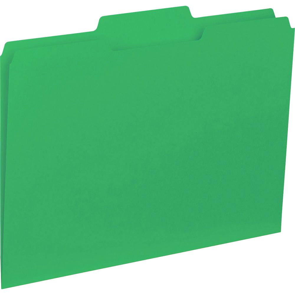 Business Source 1/3 Tab Cut Letter Recycled Top Tab File Folder - 8 1/2" x 11" - Top Tab Location - Assorted Position Tab Position - Green - 10% Recycled - 100 / Box. Picture 1