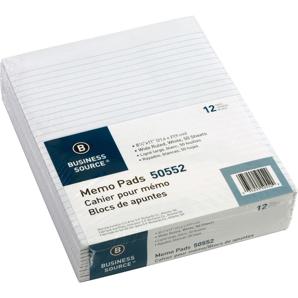 Business Source Glued Top Ruled Memo Pads - Letter - 50 Sheets - Glue - Wide Ruled - 16 lb Basis Weight - Letter - 8 1/2" x 11" - White Paper - 1 Dozen. Picture 1
