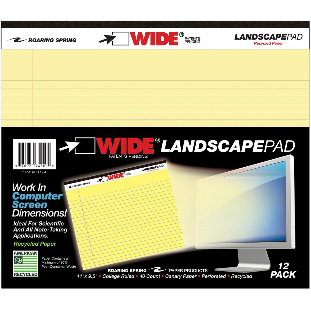Roaring Spring Wide College Ruled Landscape Legal Pad - 40 Sheets - 80 Pages - Printed - Stapled/Tapebound - Both Side Ruling Surface Red Margin - 20 lb Basis Weight - 75 g/m&#178; Grammage - 11" x 9 . Picture 1