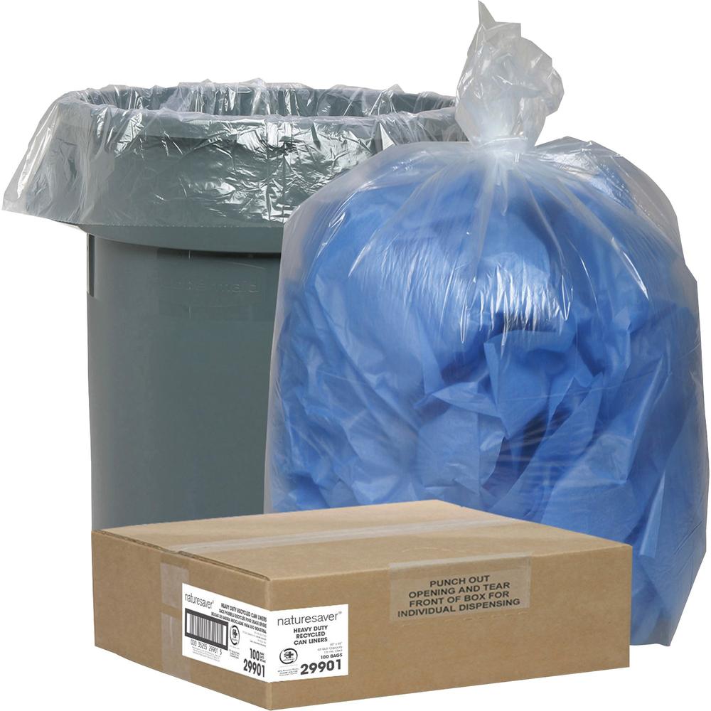 Nature Saver Recycled Trash Can Liners - Large Size - 45 gal Capacity - 40" Width x 46" Length - 1.50 mil (38 Micron) Thickness - Low Density - Clear - 100/Carton - Pilferage Control. The main picture.