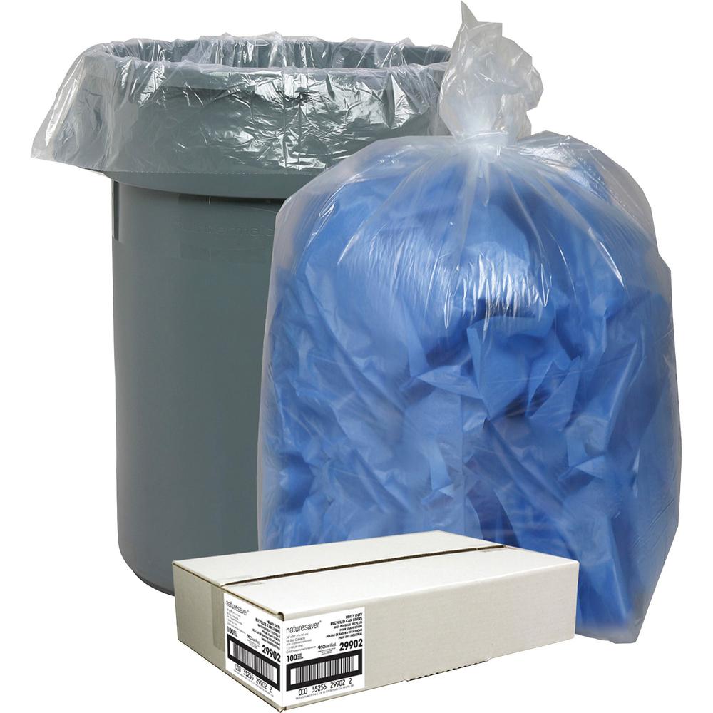 Nature Saver Recycled Trash Can Liners - Extra Large Size - 60 gal Capacity - 38" Width x 58" Length - 1.50 mil (38 Micron) Thickness - Low Density - Clear - 100/Carton - Pilferage Control - Recycled. Picture 1