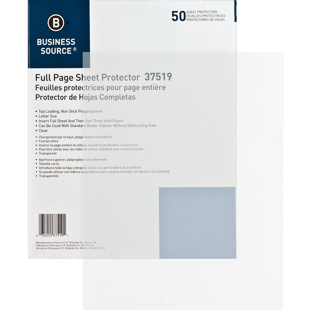 Business Source Full Sheet Top Load Poly Sheet Protectors - 3.1 mil Thickness - For Letter 8 1/2" x 11" Sheet - Rectangular - Clear - Polypropylene - 50 / Box. Picture 1