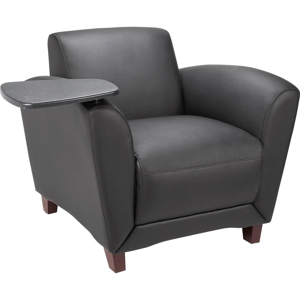 Lorell Reception Seating Chair with Tablet - Black Leather Seat - Four-legged Base - 1 Each. Picture 1