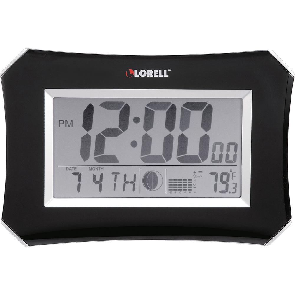Lorell LCD Wall/Alarm Clock - Digital - Quartz - LCD - Black Main Dial - Silver/Plastic Case. Picture 1