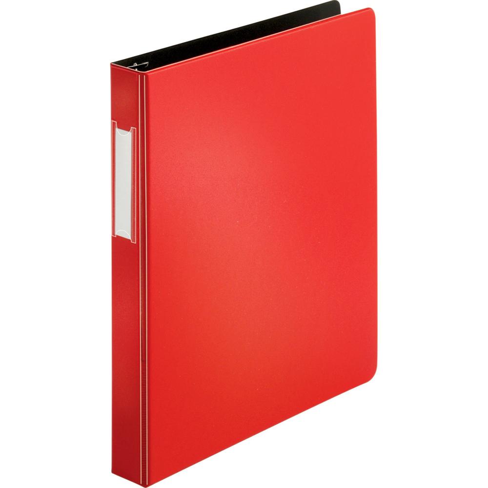 Business Source Slanted D-ring Binders - 1" Binder Capacity - 3 x D-Ring Fastener(s) - 2 Internal Pocket(s) - Chipboard, Polypropylene - Red - PVC-free, Non-stick, Spine Label, Gap-free Ring, Non-glar. The main picture.