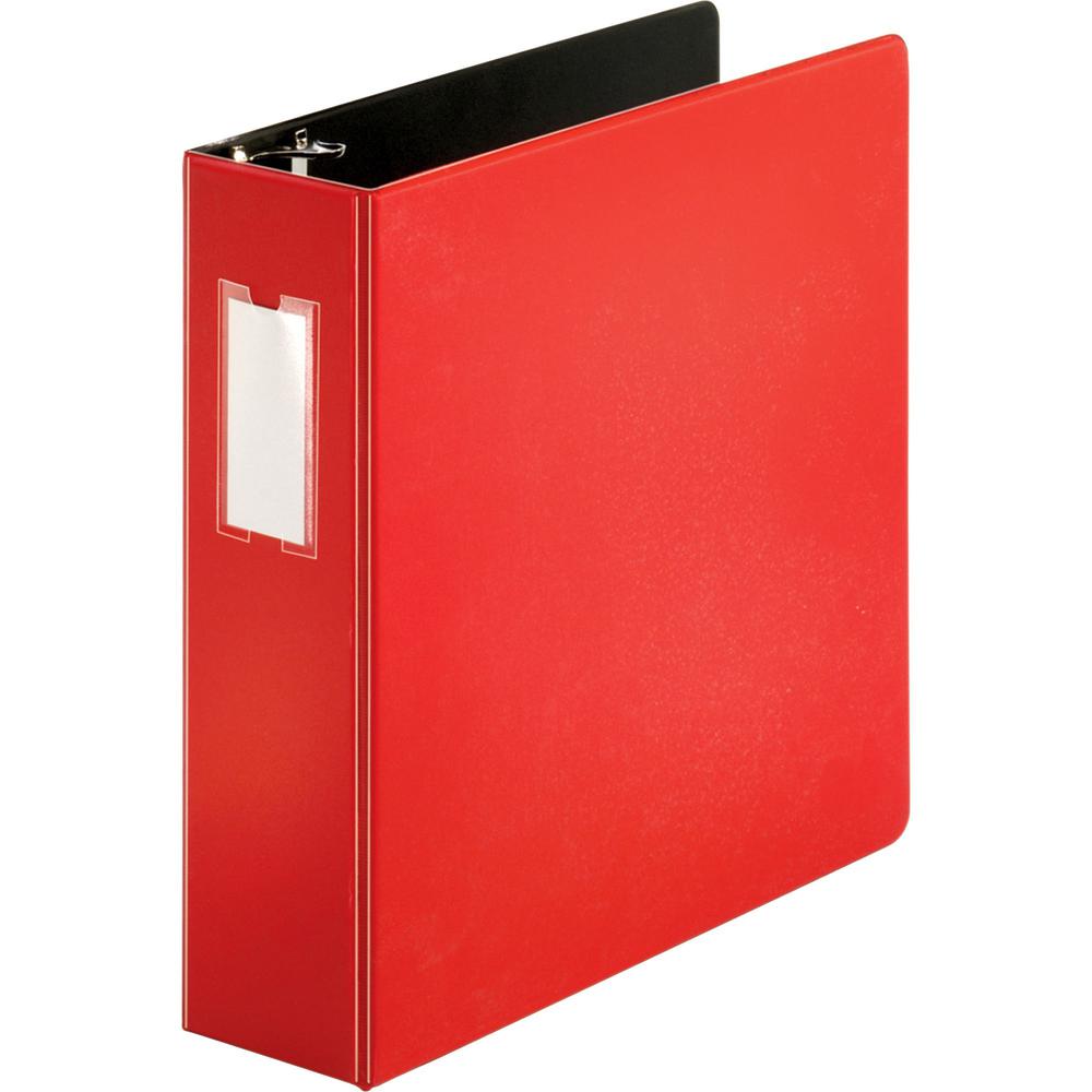 Business Source Slanted D-ring Binders - 3" Binder Capacity - 3 x D-Ring Fastener(s) - 2 Internal Pocket(s) - Chipboard, Polypropylene - Red - PVC-free, Non-stick, Spine Label, Gap-free Ring, Non-glar. The main picture.