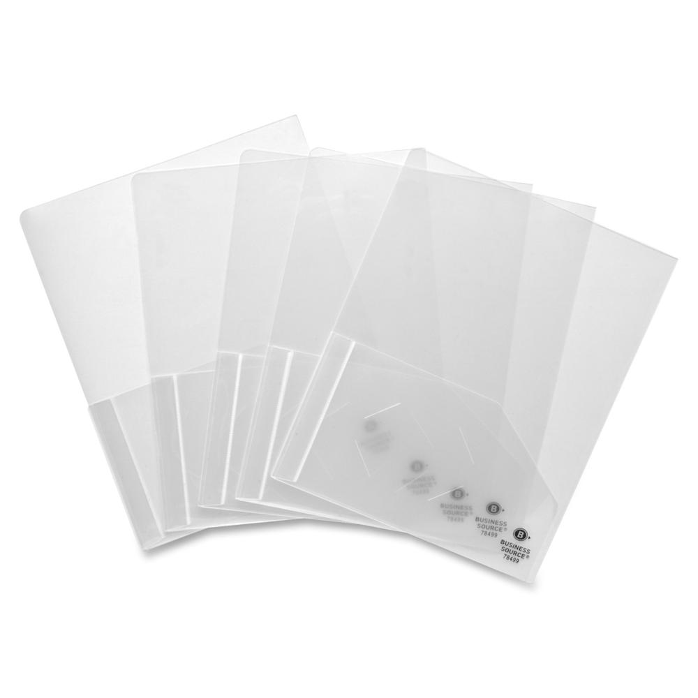 Business Source Letter Pocket Folder - 8 1/2" x 11" - 60 Sheet Capacity - 2 Pocket(s) - Poly - Clear - 5 / Pack. Picture 1