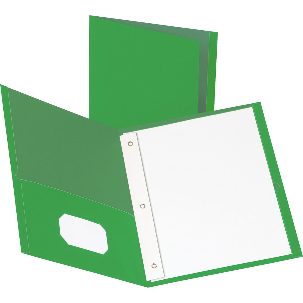 Business Source Letter Recycled Pocket Folder - 8 1/2" x 11" - 100 Sheet Capacity - 3 x Prong Fastener(s) - 1/2" Fastener Capacity - 2 Inside Front & Back Pocket(s) - Leatherette - Green - 35% Recycle. Picture 1