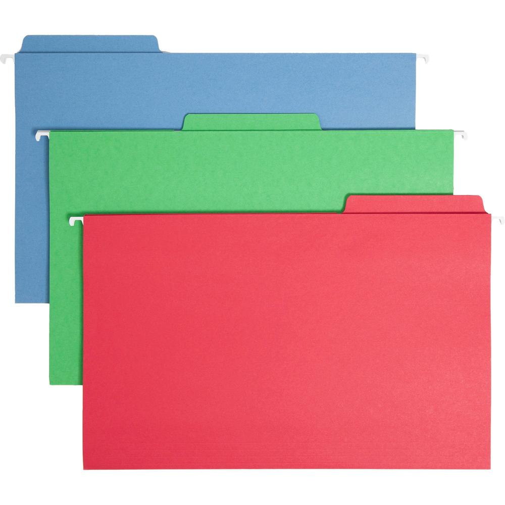 Smead FasTab 1/3 Tab Cut Legal Recycled Hanging Folder - 8 1/2" x 14" - Top Tab Location - Assorted Position Tab Position - Red, Green, Blue - 10% Recycled - 18 / Box. Picture 1