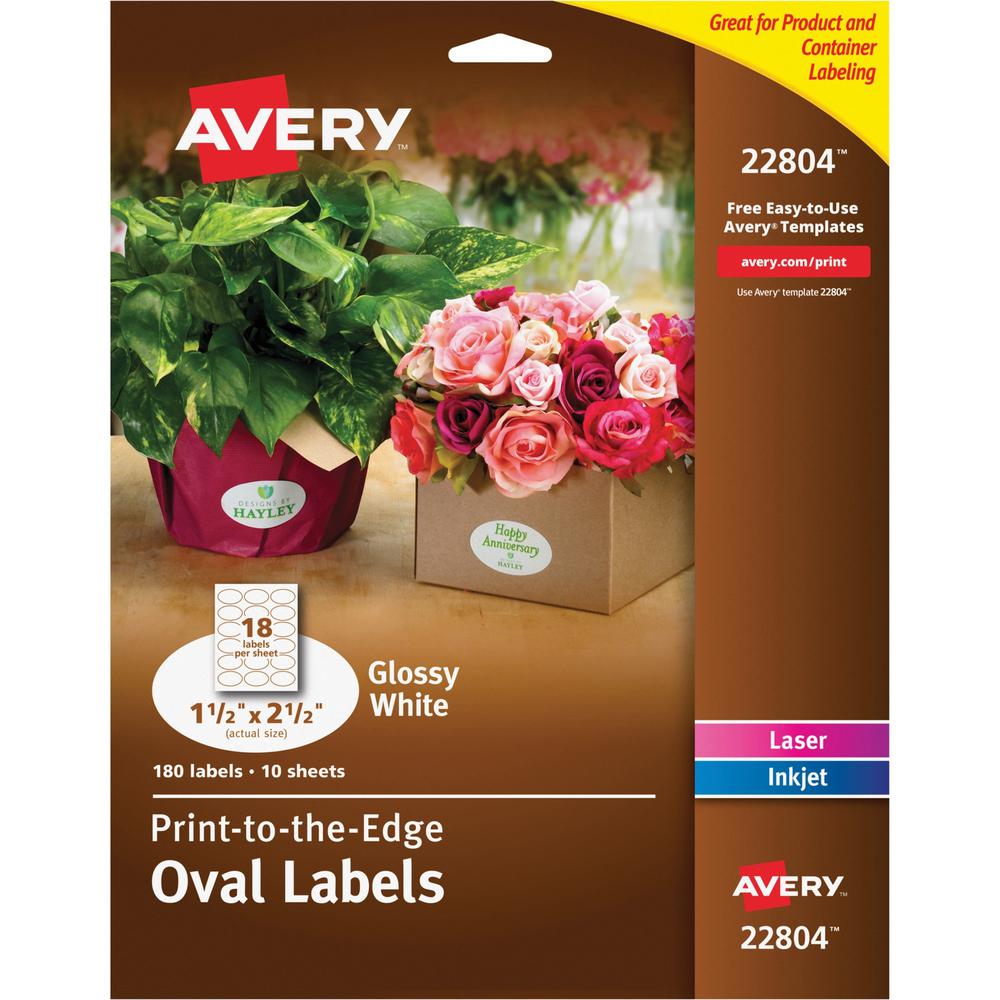 Avery&reg; Glossy White Oval Labels1½" x 2½" - 2 1/2" Width x 1 1/2" Length - Permanent Adhesive - Oval - Laser, Inkjet - White - Paper - 18 / Sheet - 10 Total Sheets - 180 Total Label(s). Picture 1