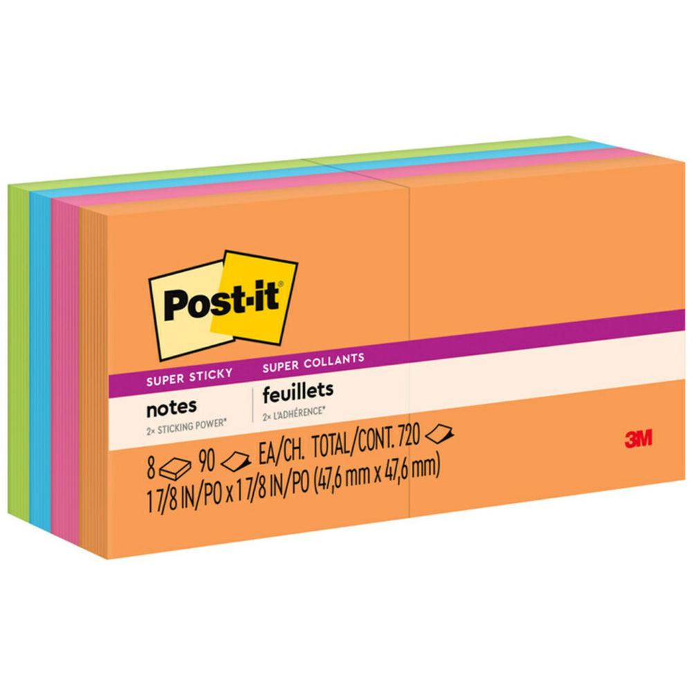 Post-it&reg; Super Sticky Notes - Energy Boost Color Collection - 720 - 2" x 2" - Square - 90 Sheets per Pad - Unruled - Vital Orange, Tropical Pink, Limeade, Blue Paradise - Paper - Self-adhesive - 8. Picture 1