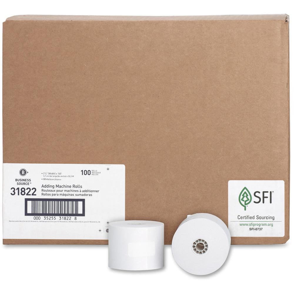 Business Source 1-Ply 2-1/4"x165' Adding Machine Rolls - 2 1/4" x 165 ft - 100 / Carton - Sustainable Forestry Initiative (SFI) - Lint-free - White. Picture 1