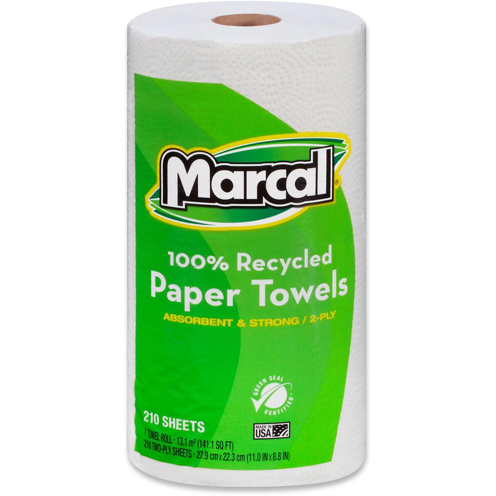 Marcal 100% Recycled, Jumbo Roll Paper Towels - 2 Ply - 11" x 9" - 210 Sheets/Roll - White - Fiber Paper - 12 / Carton. Picture 1