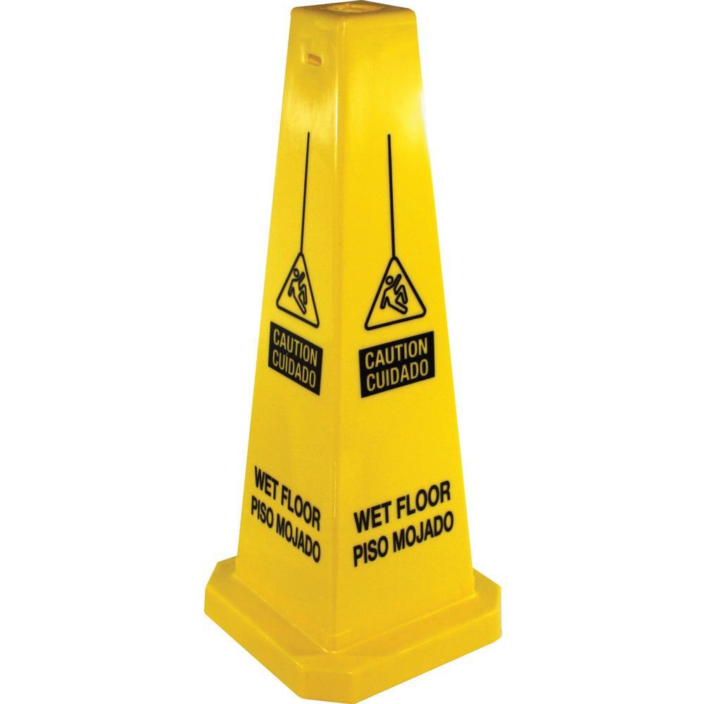 Genuine Joe Bright 4-sided Caution Safety Cone - 1 Each - English, Spanish - 10" Width x 24" Height x 10" Depth - Cone Shape - Stackable - Industrial - Polypropylene - Yellow. Picture 1