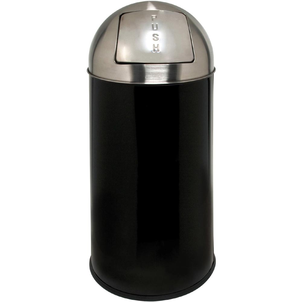 Genuine Joe Push Open Round Top Receptacle - 12 gal Capacity - Round - 29.2" Height x 14.8" Diameter - Black, Silver - 1 Each. Picture 1