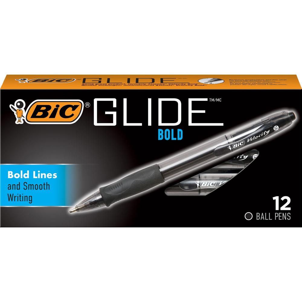 BIC Glide Bold Ball Pen - Bold Pen Point - 1.6 mm Pen Point Size - Conical Pen Point Style - Refillable - Retractable - Black - Black Barrel - 1 / Dozen. Picture 1