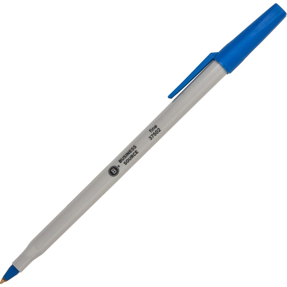 Business Source Fine Point Ballpoint Stick Pens - Fine Pen Point - Blue - Light Gray Barrel - Stainless Steel Tip - 1 Dozen. Picture 1