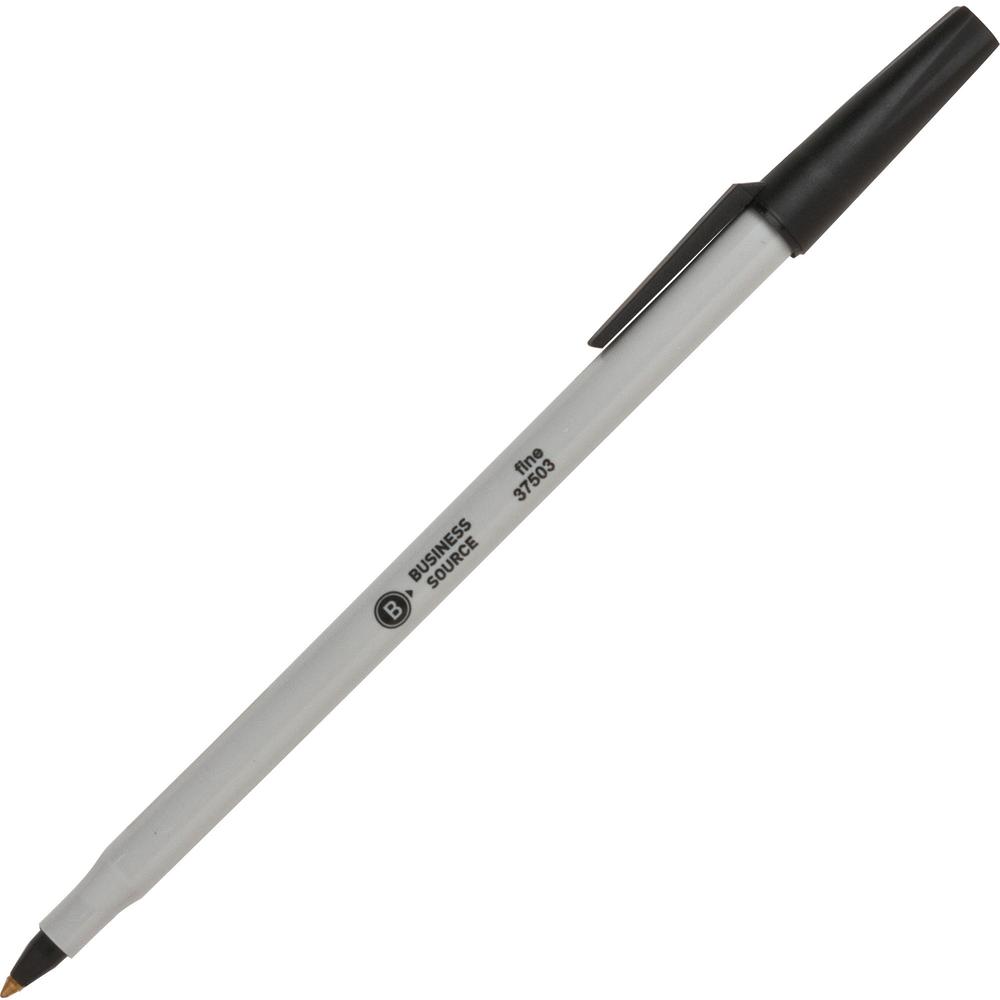 Business Source Fine Point Ballpoint Stick Pens - Fine Pen Point - Black - Light Gray Barrel - Stainless Steel Tip - 1 Dozen. Picture 1