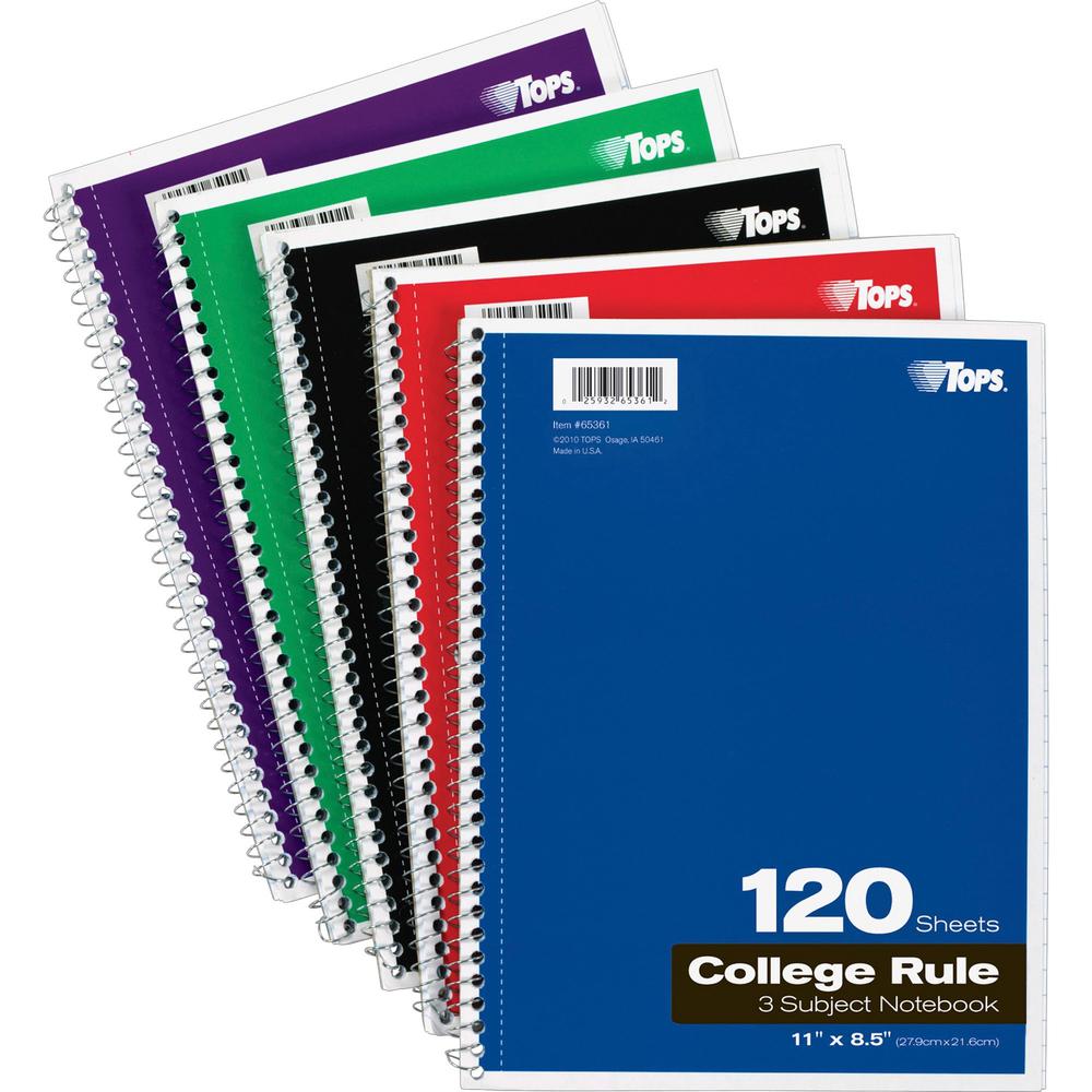 TOPS 3 - subject College Ruled Notebook - Letter - 120 Sheets - Wire Bound - Letter - 8 1/2" x 11" - 0.25" x 8.5" x 11" - Assorted Paper - Black, Red, Blue, Green, Purple Cover - Divider, Perforated -. Picture 1