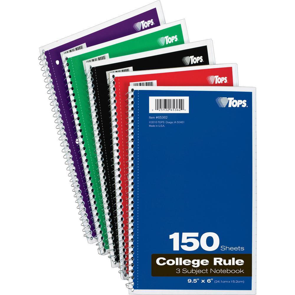 TOPS 3-subject College Ruled Notebook - 150 Sheets - Wire Bound - 9 1/2" x 6" - 13" x 7.5" x 9.8" - Bright White Paper - Black, Red, Blue, Green, Purple Cover - Divider, Perforated - 1 Each. Picture 1