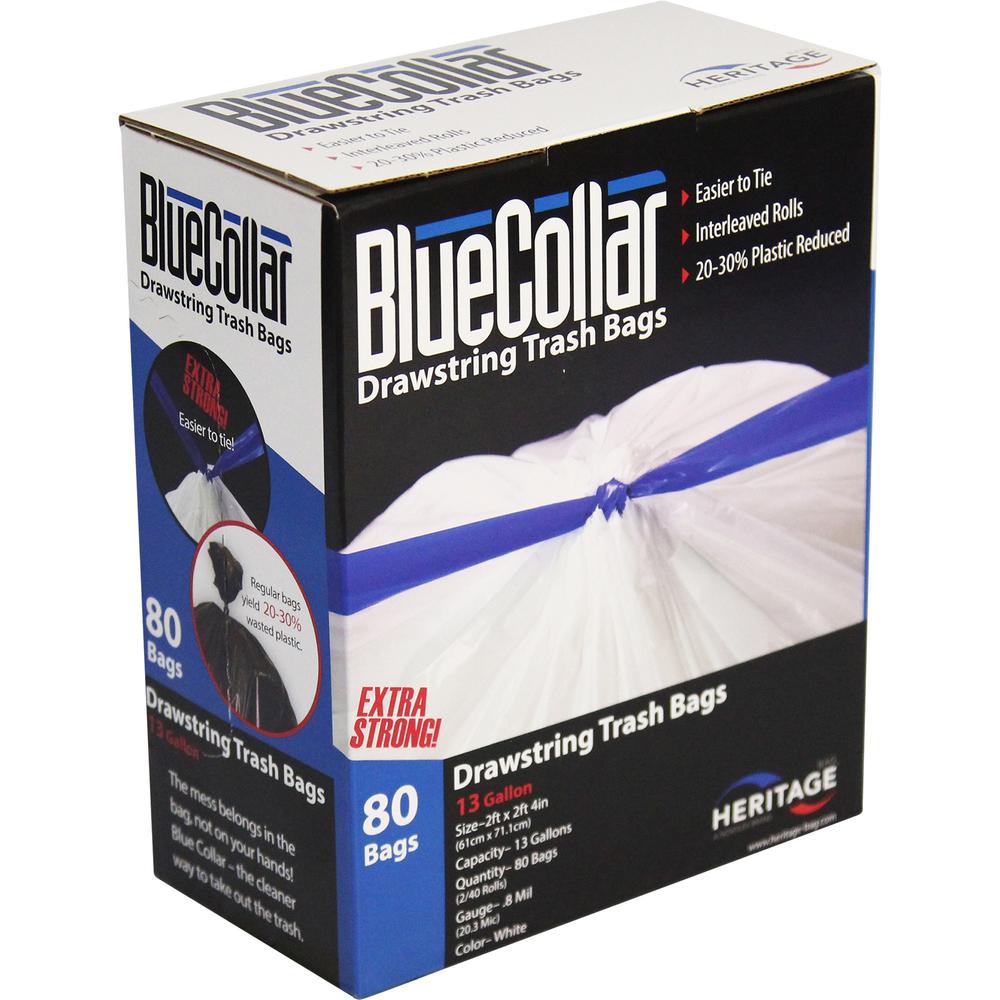BlueCollar BlueCollar Drawstring Trash Bags - 13 gal Capacity - 24" Width x 28" Length - 0.80 mil (20 Micron) Thickness - White - 80/Box - Garbage. The main picture.