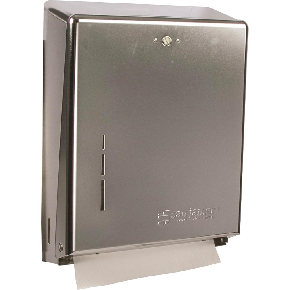 San Jamar C-Fold/Multifold Paper Towel Dispenser - C Fold, Multifold Dispenser - 500 x Towel Multifold, 300 x Towel C Fold - 14.8" Height x 11.4" Width x 4" Depth - Stainless Steel - Chrome - Key Lock. Picture 1