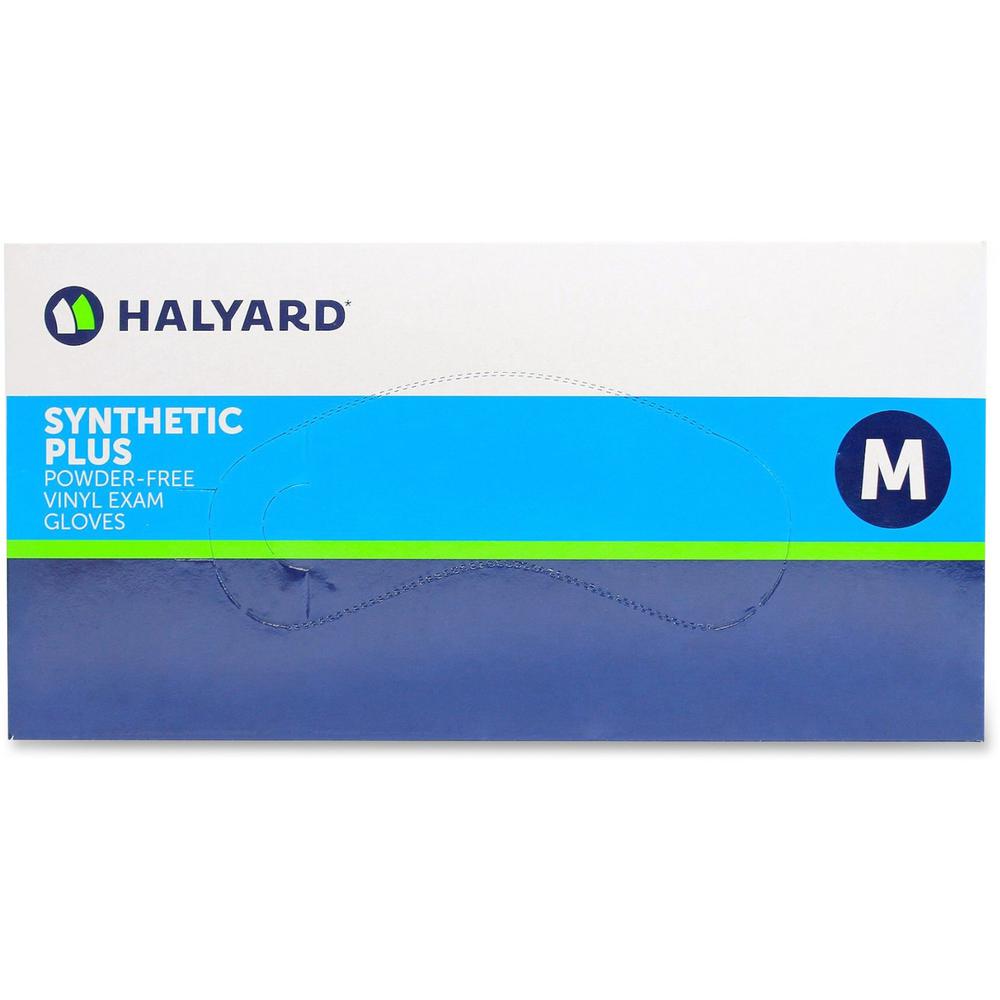 Halyard Synthetic Plus PF Vinyl Exam Gloves - Polymer Coating - Medium Size - For Right/Left Hand - Clear - Latex-free, Non-sterile - 100 / Box - 9.50" Glove Length. Picture 1