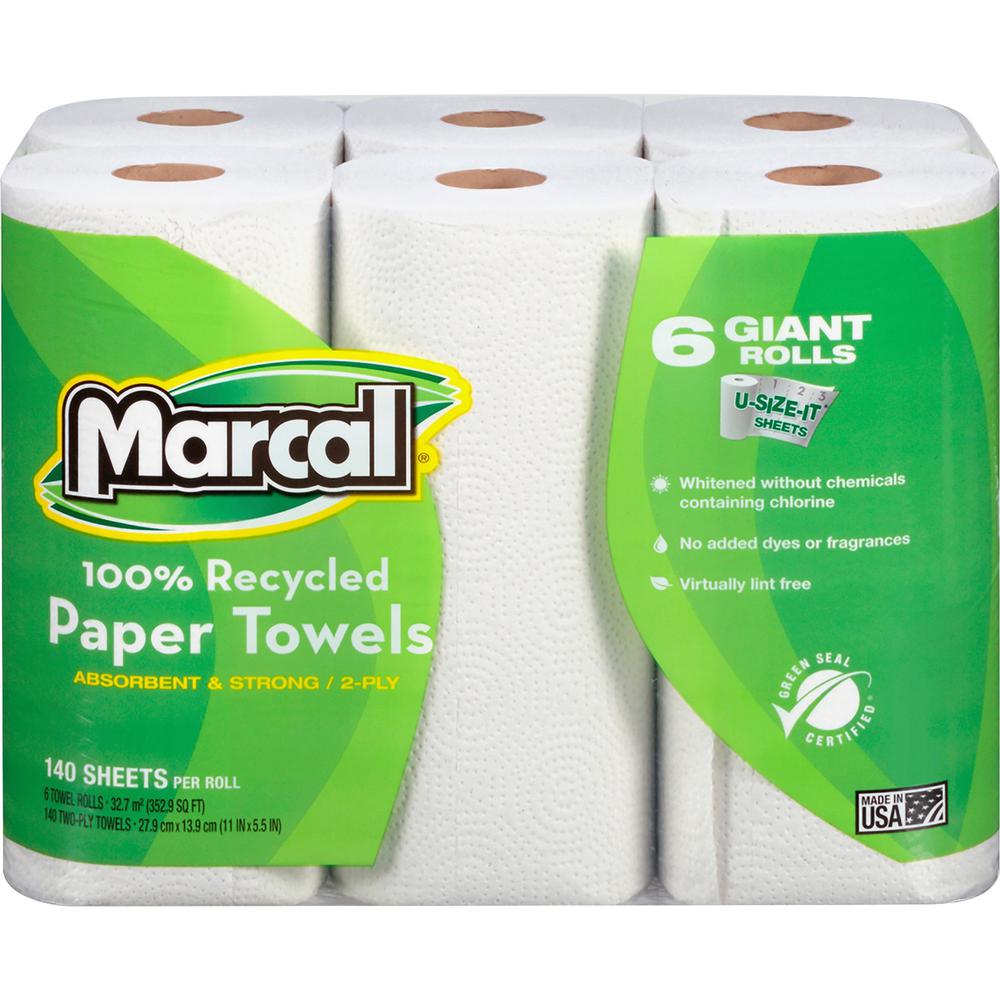 Marcal 100% Recycled Giant Roll Paper Towels - 2 Ply - 140 Sheets/Roll - White - Perforated, Dye-free, Fragrance-free, Strong, Lint-free, Absorbent - 6 Rolls Per Pack - 1 Pack. Picture 1