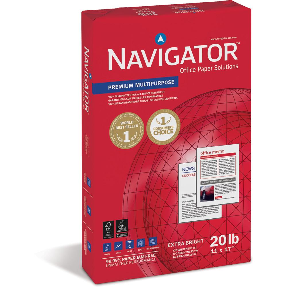 Navigator Premium Multipurpose Trusted Performance Paper - Extra Opacity - White - 97 Brightness - 11" x 17" - 20 lb Basis Weight - Smooth - 5 / Carton - Jam-free - White. Picture 1