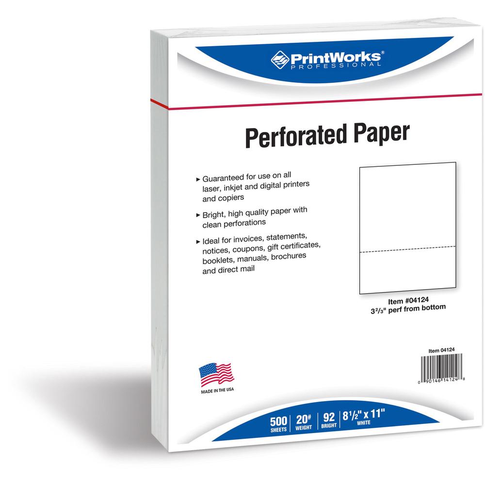 PrintWorks Professional Pre-Perforated Paper for Invoices, Statements, Gift Certificates & More - Letter - 8 1/2" x 11" - 20 lb Basis Weight - Smooth - 500 / Ream - Perforated - White. Picture 1
