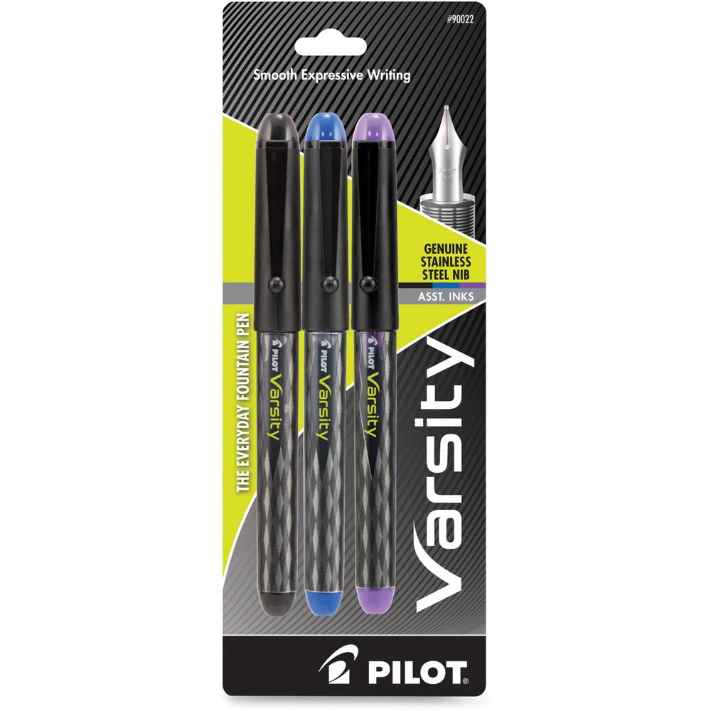 Pilot Varsity Disposable Fountain Pens - Medium Pen Point - Black, Blue, Purple - Black Barrel - 3 / Pack. Picture 1