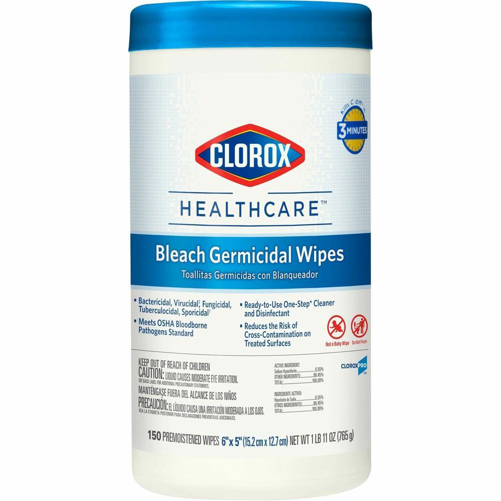 Clorox Healthcare Bleach Germicidal Wipes - For Multipurpose - Ready-To-Use - 5" Length x 6" Width - 150 / Canister - 1 Each - Disinfectant, Non-irritating, Anti-bacterial, Odorless - White. Picture 1