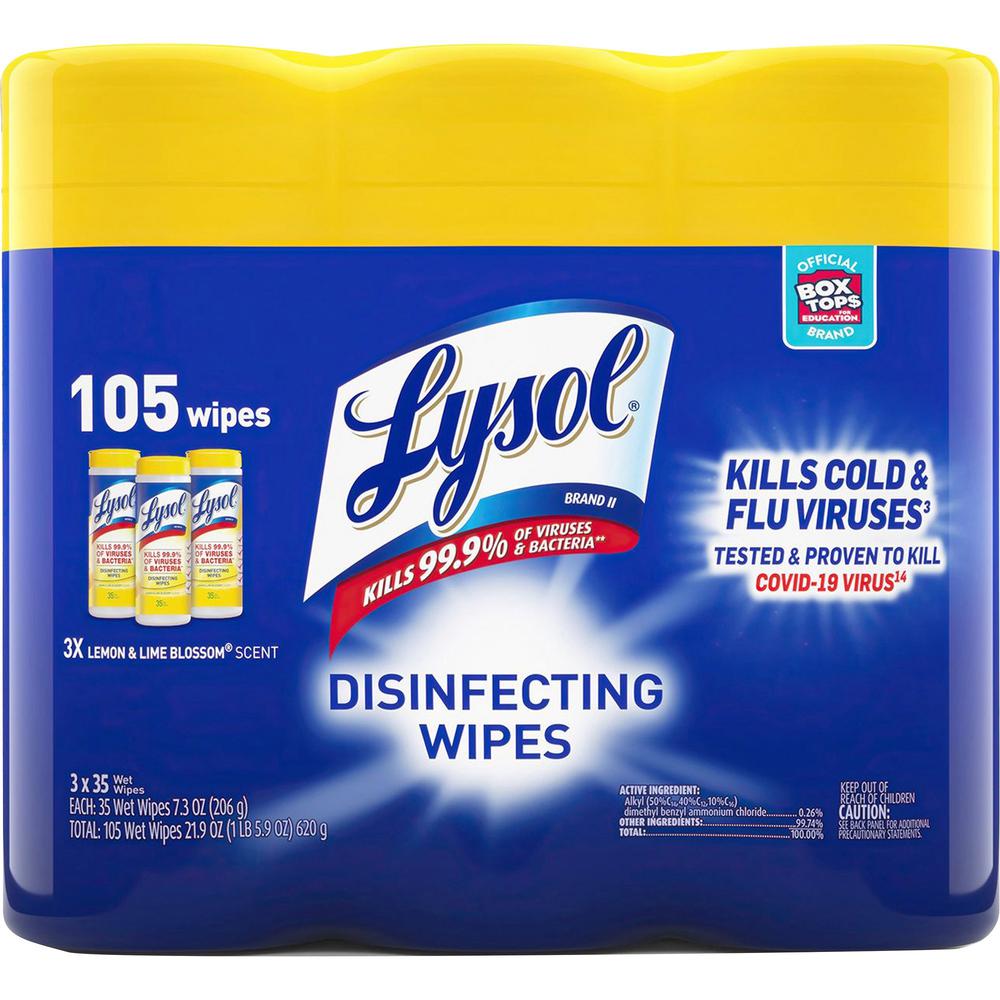 Lysol Disinfecting Wipes 3-pack - Lemon Scent - 35 / Canister - 3 / Pack - Disinfectant, Antibacterial - White. Picture 1