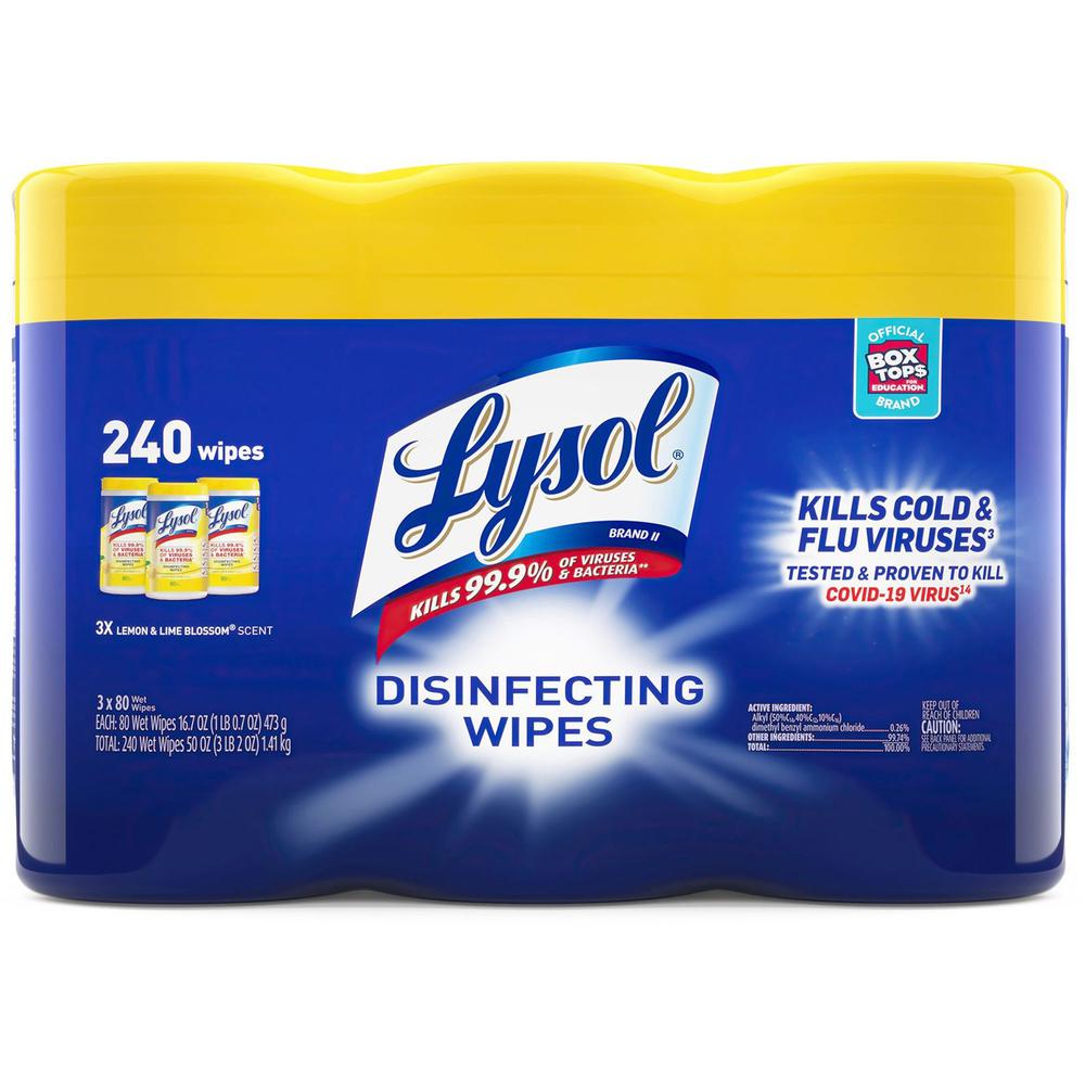 Lysol Lemon/Lime Disinfecting Wipes - Wipe - Lemon, Lime Blossom Scent - 80 / Canister - 3 / Pack - White. Picture 1