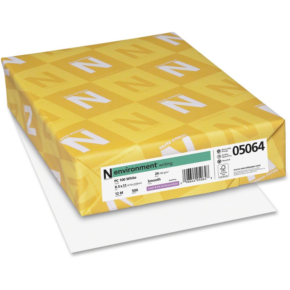 Neenah Bright White Environment Paper - 95 Brightness - 92% Opacity - Letter - 8 1/2" x 11" - 24 lb Basis Weight - Smooth - 500 / Ream - FSC, PCF, Green Seal, Green-e, Sustainable Forestry Initiative . Picture 1