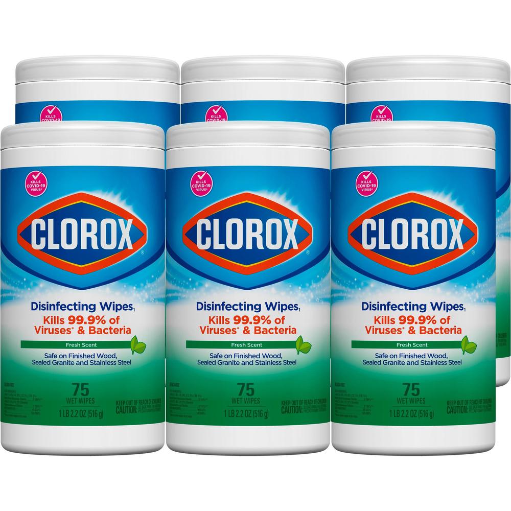 Clorox Disinfecting Wipes, Bleach-Free Cleaning Wipes - Wipe - Fresh Scent - 75 / Canister - 6 / Carton - White. The main picture.