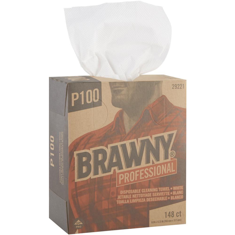 Brawny&reg; Professional P100 Disposable Cleaning Towels - 12.50" Length x 8" Width - 148 / Box - 20 / Carton - Absorbent, Strong, Streak-free, Durable - White. Picture 1