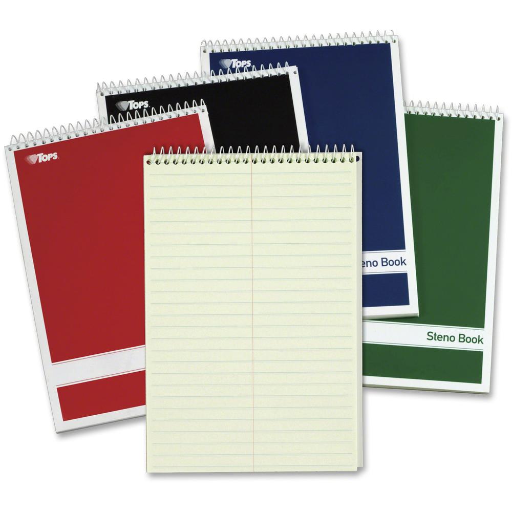 TOPS Gregg-ruled Steno Book - 80 Sheets - Wire Bound - 15 lb Basis Weight - 6" x 9" - 9" x 6" - Green Tint Paper - Red, Green, Black, Blue Cover - Durable Cover, Rigid, Acid-free - 4 / Pack. Picture 1