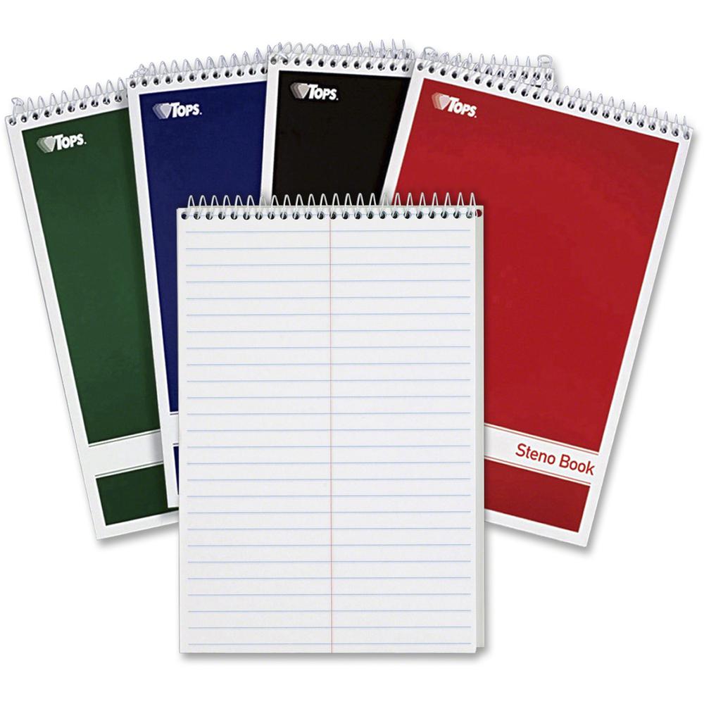 TOPS Gregg-ruled Steno Book - 80 Sheets - Wire Bound - 15 lb Basis Weight - 6" x 9" - 1.25" x 9"6" - White Paper - Red, Green, Black, Blue Cover - Durable Cover, Rigid, Chipboard Backing, Acid-free - . Picture 1