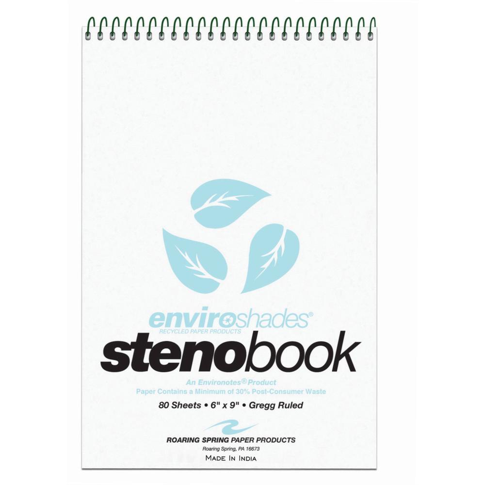 Roaring Spring Enviroshades Recycled Spiral Steno Memo Book - 80 Sheets - 160 Pages - Printed - Spiral Bound - Both Side Ruling Surface - Gregg Ruled Red Margin - 15 lb Basis Weight - 56 g/m&#178; Gra. Picture 1