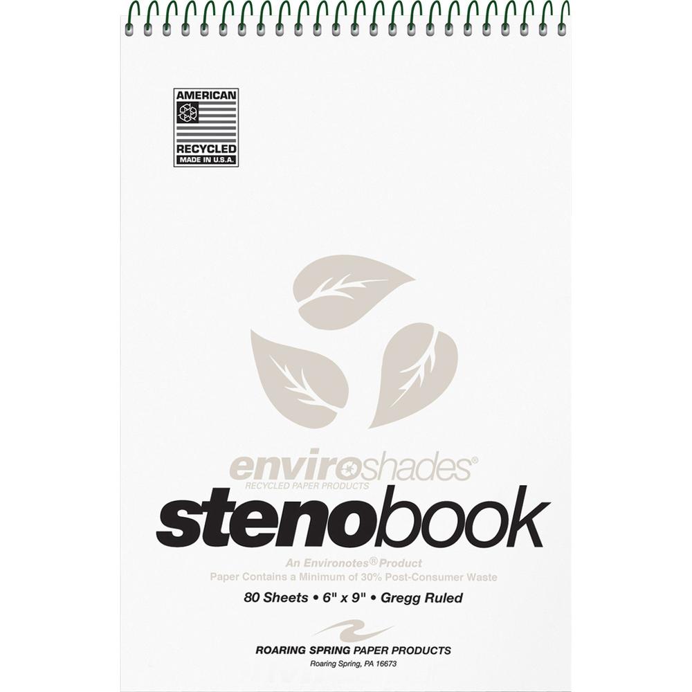 Roaring Spring Enviroshades Recycled Spiral Steno Memo Book - 80 Sheets - 160 Pages - Printed - Spiral Bound - Both Side Ruling Surface - Gregg Ruled Red Margin - 15 lb Basis Weight - 56 g/m&#178; Gra. Picture 1