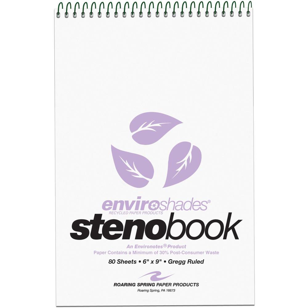 Roaring Spring Enviroshades Recycled Spiral Steno Memo Book - 80 Sheets - 160 Pages - Printed - Spiral Bound - Both Side Ruling Surface - Gregg Ruled Red Margin - 15 lb Basis Weight - 56 g/m&#178; Gra. The main picture.